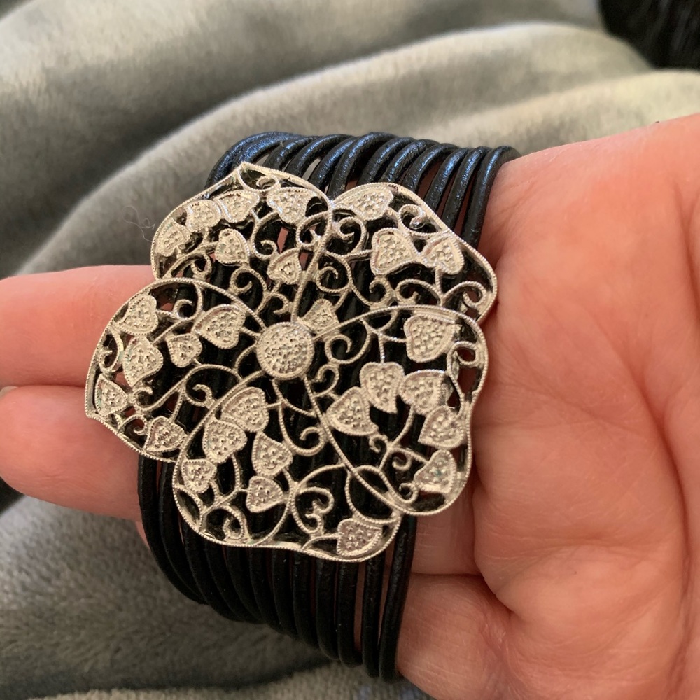 Sterling leather and diamond bracelet